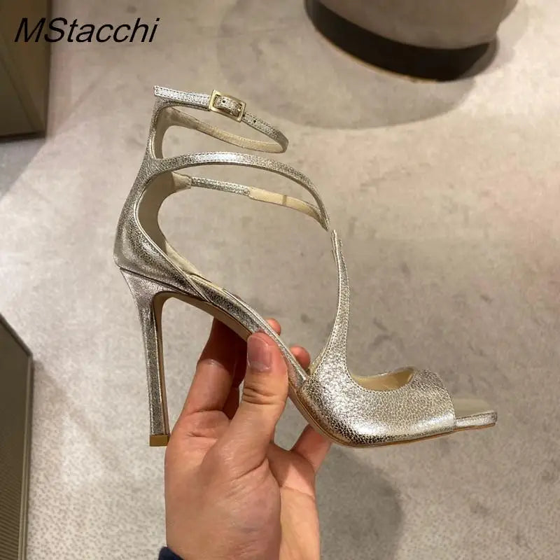 Women's Luxury Sandals Summer Pink Satin Open Toe Stiletto Sandals Concise High Heels Women Pumps Ankle Straps Designer Shoes silver