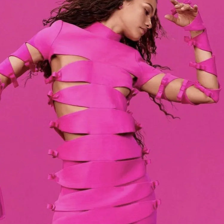Autumn Fashion Women Sexy Long Sleeve Hollow Out Pink Bow Tie Mini Bandage Dress 2023 Elegant Evening Club Party Dress