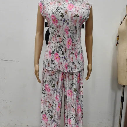 CM.YAYA Women Set Floral Print Short Sleeve Pleated T-Shirt + Wide Leg Pants 2025 Street Sexy Two 2Piece Sets Outfits Tracksuit