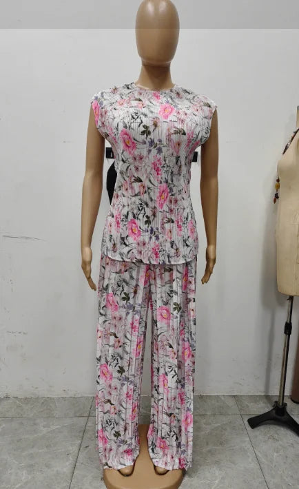 CM.YAYA Women Set Floral Print Short Sleeve Pleated T-Shirt + Wide Leg Pants 2025 Street Sexy Two 2Piece Sets Outfits Tracksuit