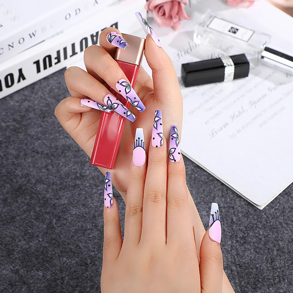 24pcs/set Long Medium short fake nails for women girls cute bow flowers decoration french tips faux ongles press on false nail 507