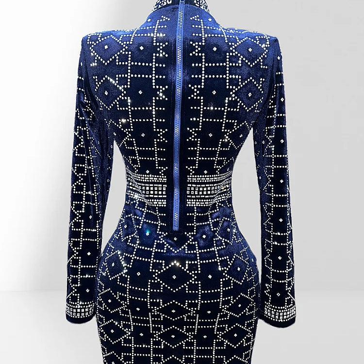 2025 New Dark Blue Velvet Luxury Diamonds O-neck Tuck Waist Mini Dress Fashion Woman Party Dress Celebration Birthday Vestido