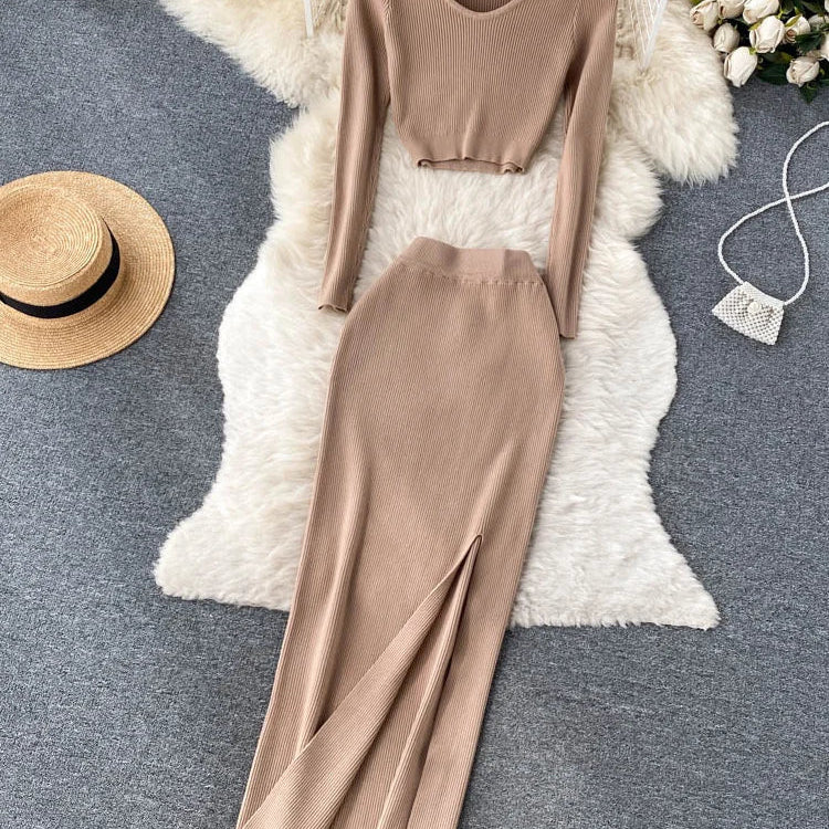 SINGREINY Autumn Sweater Two Pieces Suits Long Sleeves Knit Top+ Elatic Waist Slim Split Long Skirt Sets Women Warm Knitted Suit khaki One Size