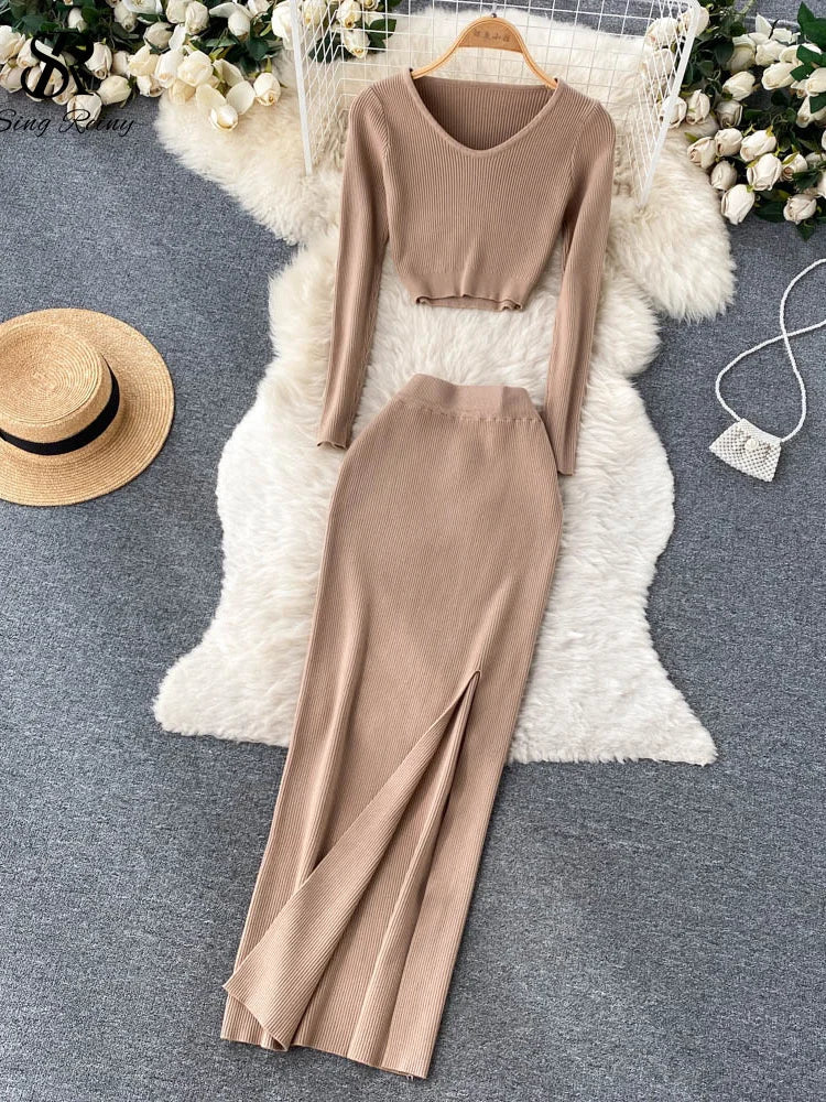 SINGREINY Autumn Sweater Two Pieces Suits Long Sleeves Knit Top+ Elatic Waist Slim Split Long Skirt Sets Women Warm Knitted Suit khaki One Size