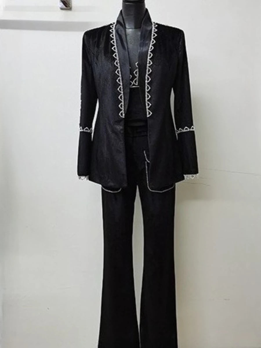 Solid Spliced Bead Three Piece Sets for Women Lapel Long Sleeves Top V Neck Sleeveless Vest Long Pants Set Female BLACK