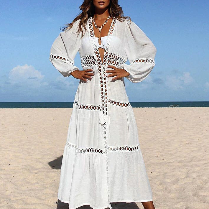 White Knitted Beach Cover up dress Tunic Long Pareos Bikinis Cover ups Swim Cover up Robe Plage Beachwear VE23059W10