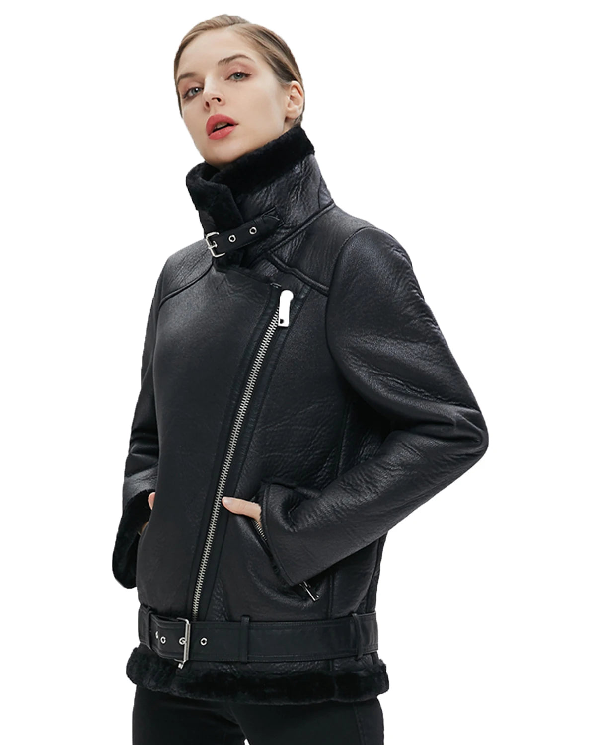 Fitaylor Winter Women Faux Fur Leather Jacket Casual Lady Thick Warm Leather Jacket Lapel Zipper Coat with Belt