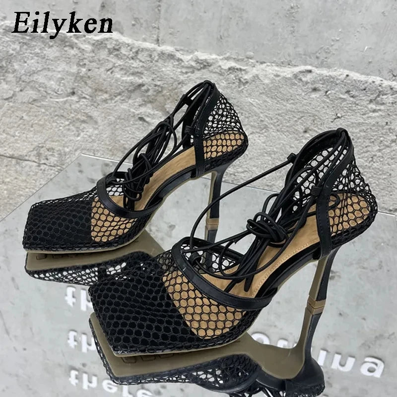 Eilyken Sexy Mesh Pumps Sandals Female Square Toe High Heel Lace Up Cross-Tied Stiletto Hollow Dress Shoes Zapatos Mujer Black