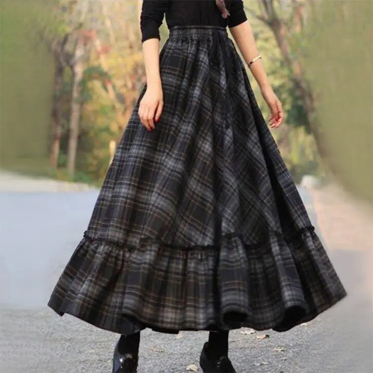 Fashion Loose Shirring Bandage Spliced Ruffles Plaid Skirts Women's Clothing Spring New Oversized All-match Long Skirts black