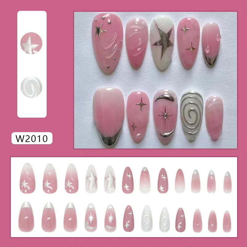 24pcs Summer Green Almond Press on Nails Fashion y2k Star Print False Nails Ins Simple Wearable Reusable Fake Nails for Women 2