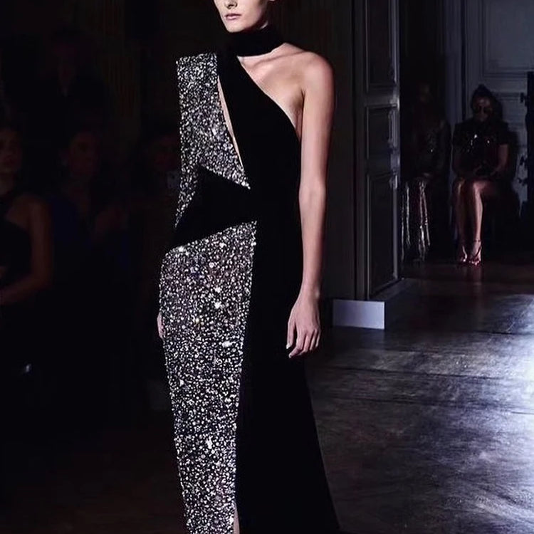 Sexy Sequin Patchwork Design Long Dress Halter Neck Draped One Shoulder Long Sleeve Split Maxi Evening Party Gowns