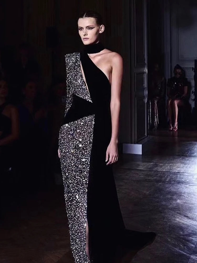 Sexy Sequin Patchwork Design Long Dress Halter Neck Draped One Shoulder Long Sleeve Split Maxi Evening Party Gowns