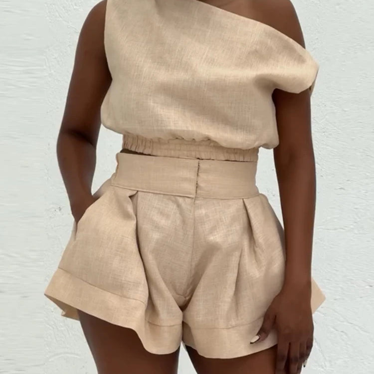 Fashion Women's Set Off Shoulder Sleeveless Blouse Shirt Top and Flare Shorts Suit 2025 Street Two 2 Piece Sets Outfits