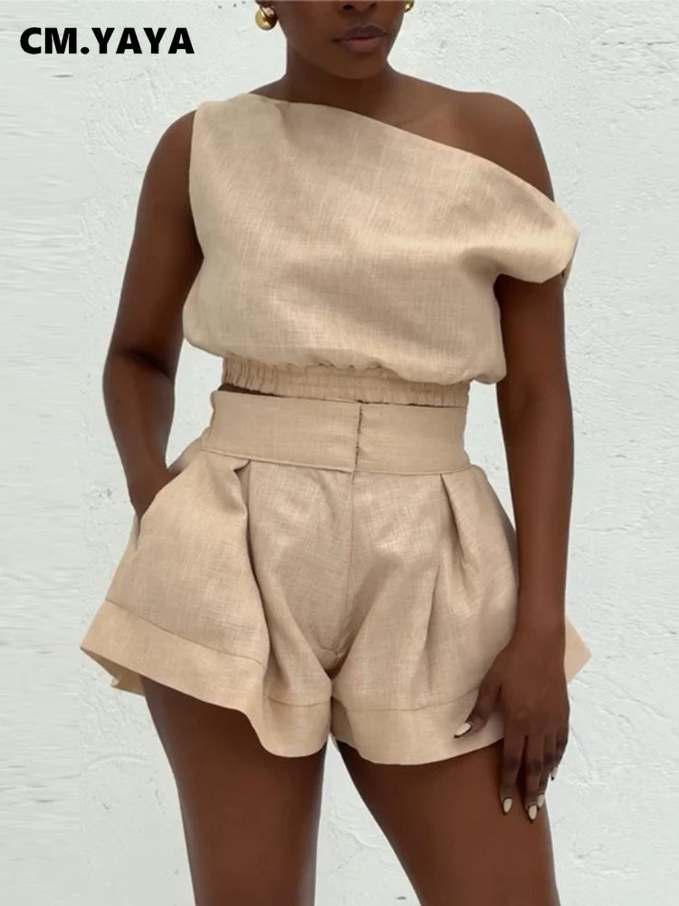 Fashion Women's Set Off Shoulder Sleeveless Blouse Shirt Top and Flare Shorts Suit 2025 Street Two 2 Piece Sets Outfits