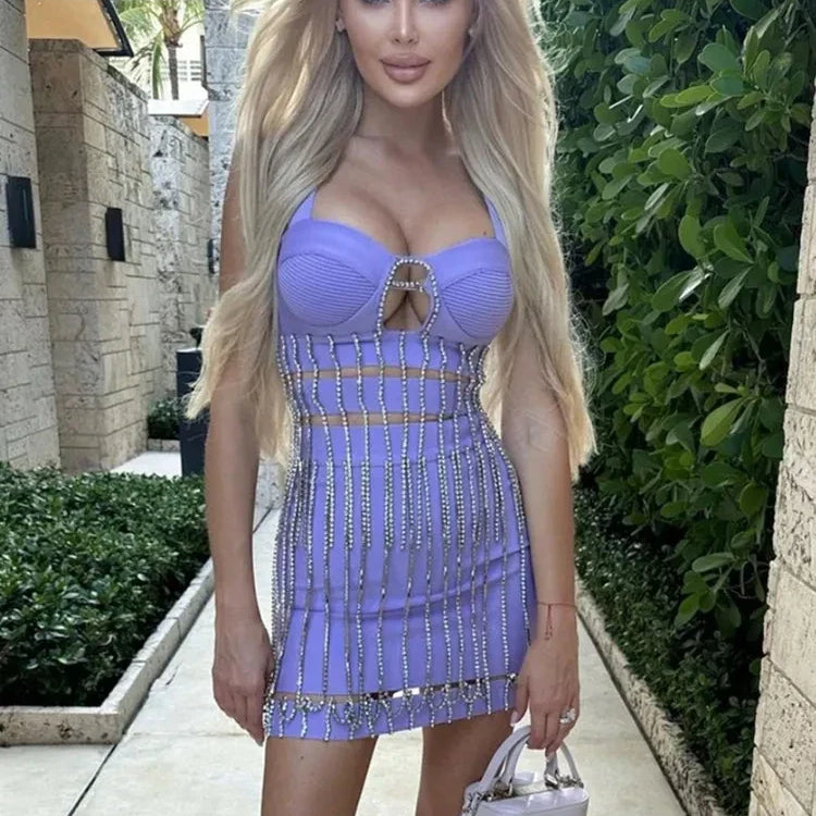 Women Summer Sexy Square Collar Purple Diamonds Sparkly Bodycon Bandage Skirt Set Knitted Elegant Evening Club Party Dress PURPLE