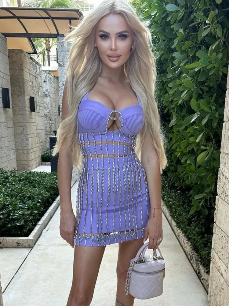 Women Summer Sexy Square Collar Purple Diamonds Sparkly Bodycon Bandage Skirt Set Knitted Elegant Evening Club Party Dress PURPLE