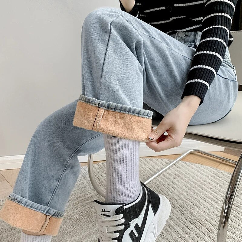 Winter Warm Fleece Wide Leg Jeans Women Vintage Baggy High Waist Denim Pants 2024 Loose Straight Mom Jean Pantalones De Mujer