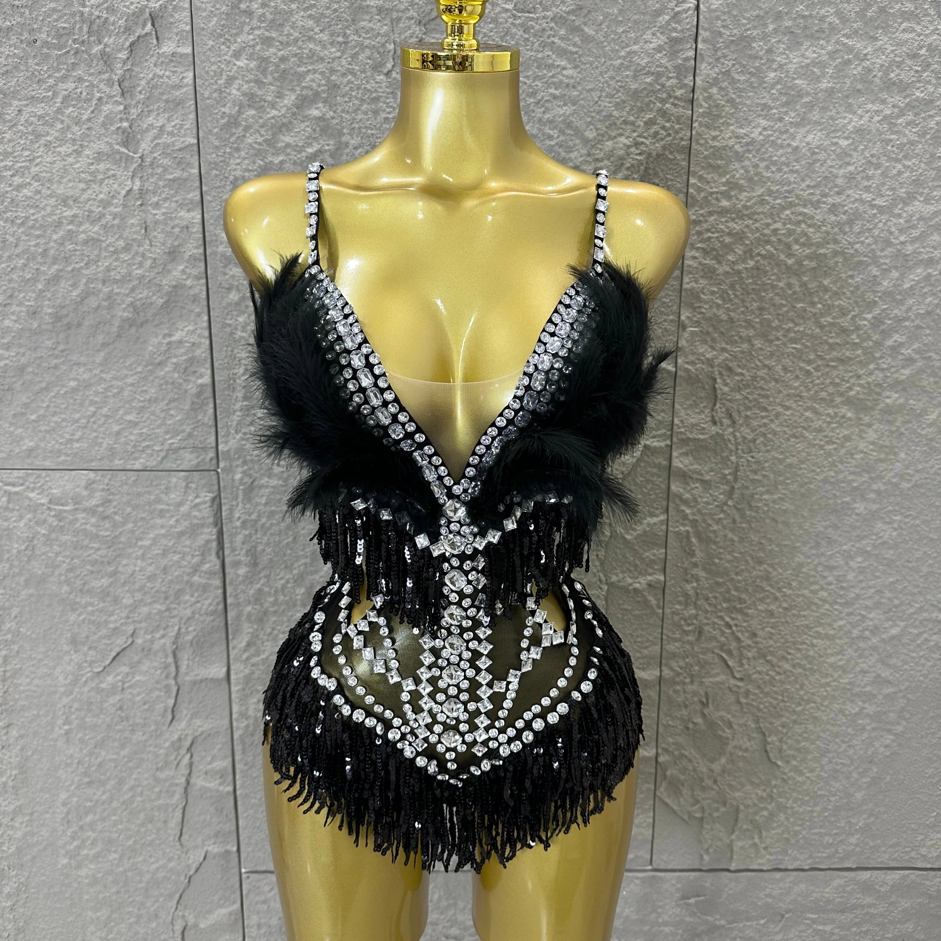 Luxurious Sheer Mesh Bodysuit Women Sexy Crystal Embellished Feather Fringe Trim Spaghetti Strap Outfit Stage Performance Outfit