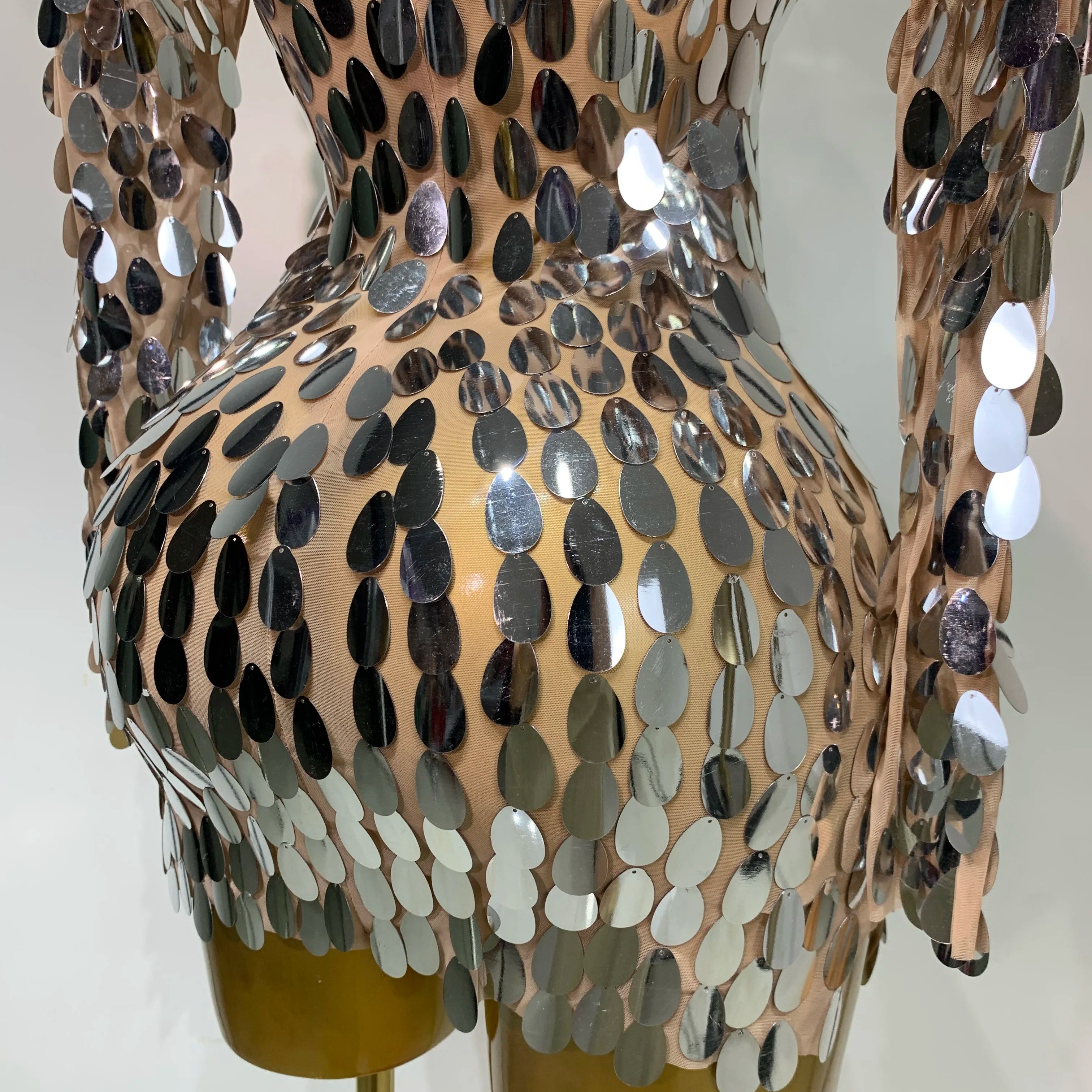 Women Sexy Mesh Stretch Sparkly Sequins Stage Performance Costume Dancer Singer Nightclub Evening Party Luxury Birthday Dress