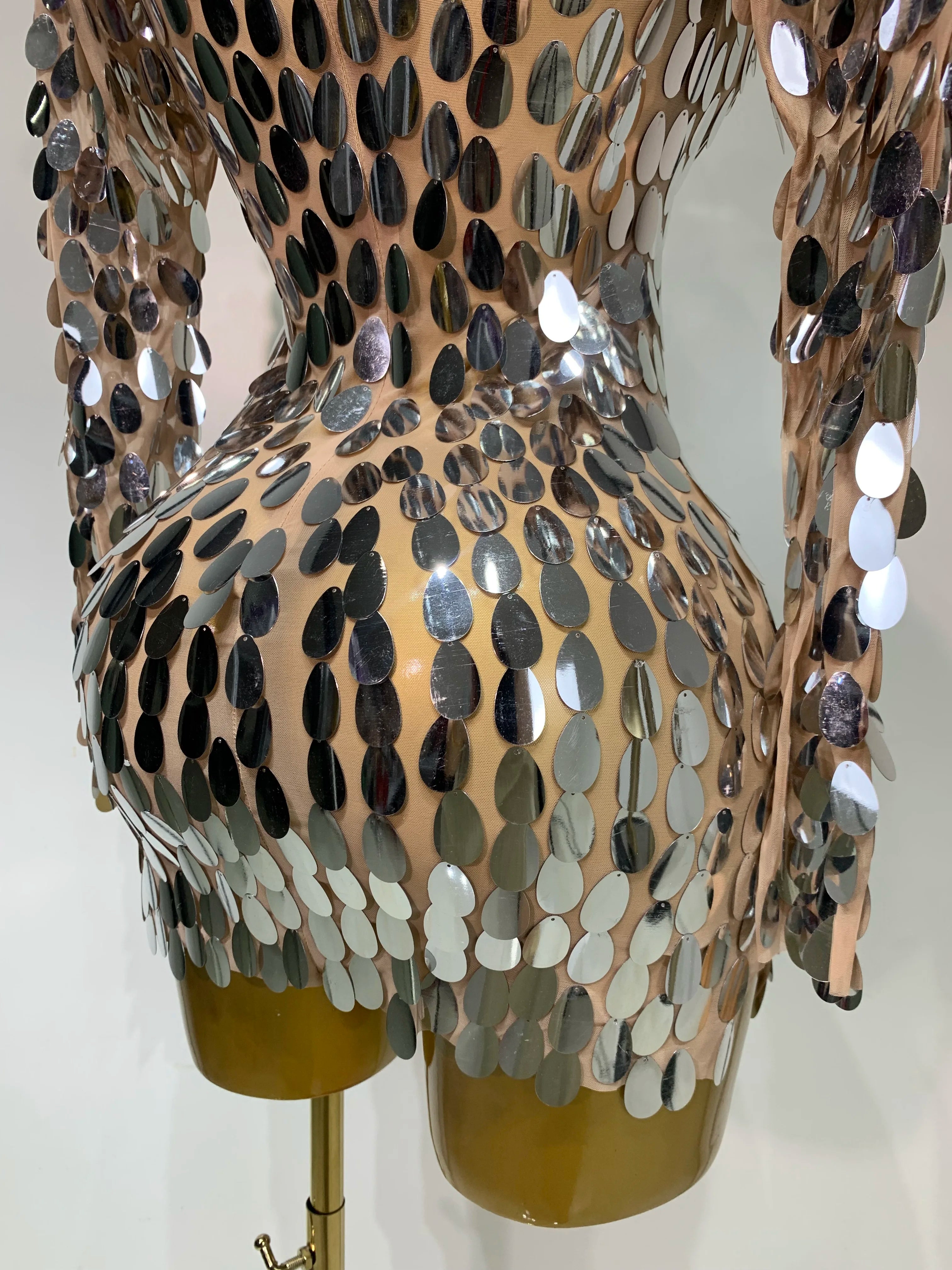 Women Sexy Mesh Stretch Sparkly Sequins Stage Performance Costume Dancer Singer Nightclub Evening Party Luxury Birthday Dress