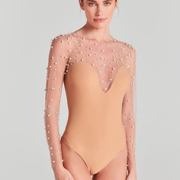 Women Summer Luxury Sexy Long Sleeve Pearl White Bodycon Set Jumpsuit Celebrity Designer High Street Rompers