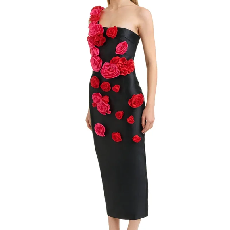 Red Flowers Strapless Black Bandage Ankle Length Dress Elegant Woman Evening Party Dress Cocktail Party Vestido