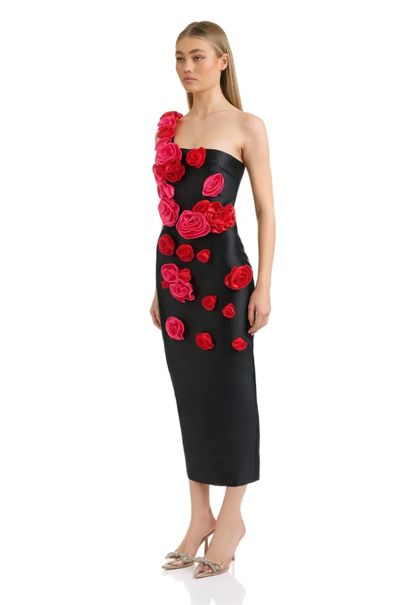 Red Flowers Strapless Black Bandage Ankle Length Dress Elegant Woman Evening Party Dress Cocktail Party Vestido