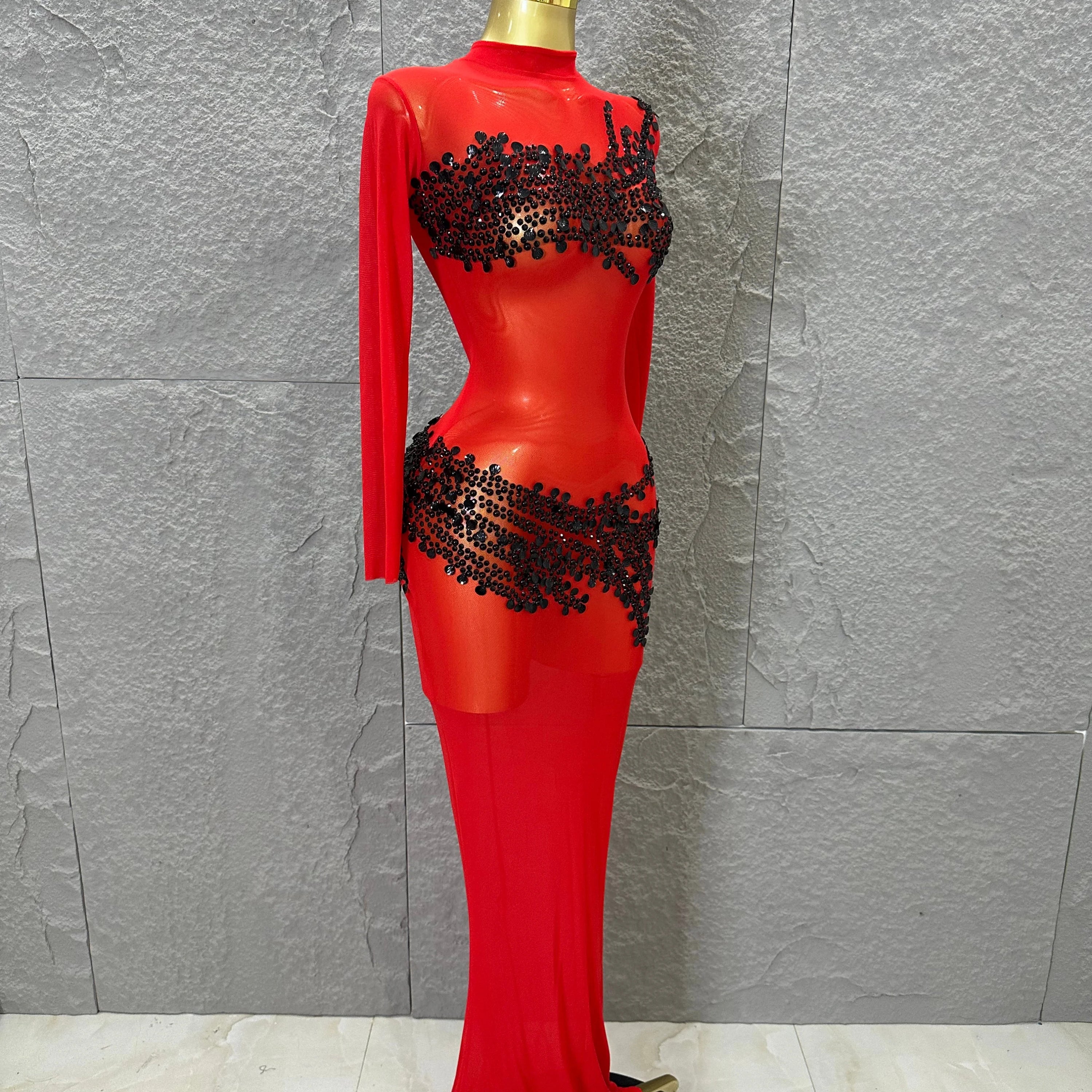 Sexy 2026 Black Sheer Mesh Maxi Dress Women Long Sleeve High Neck Red Rhinestone Embellished Bodycon Stage Costume