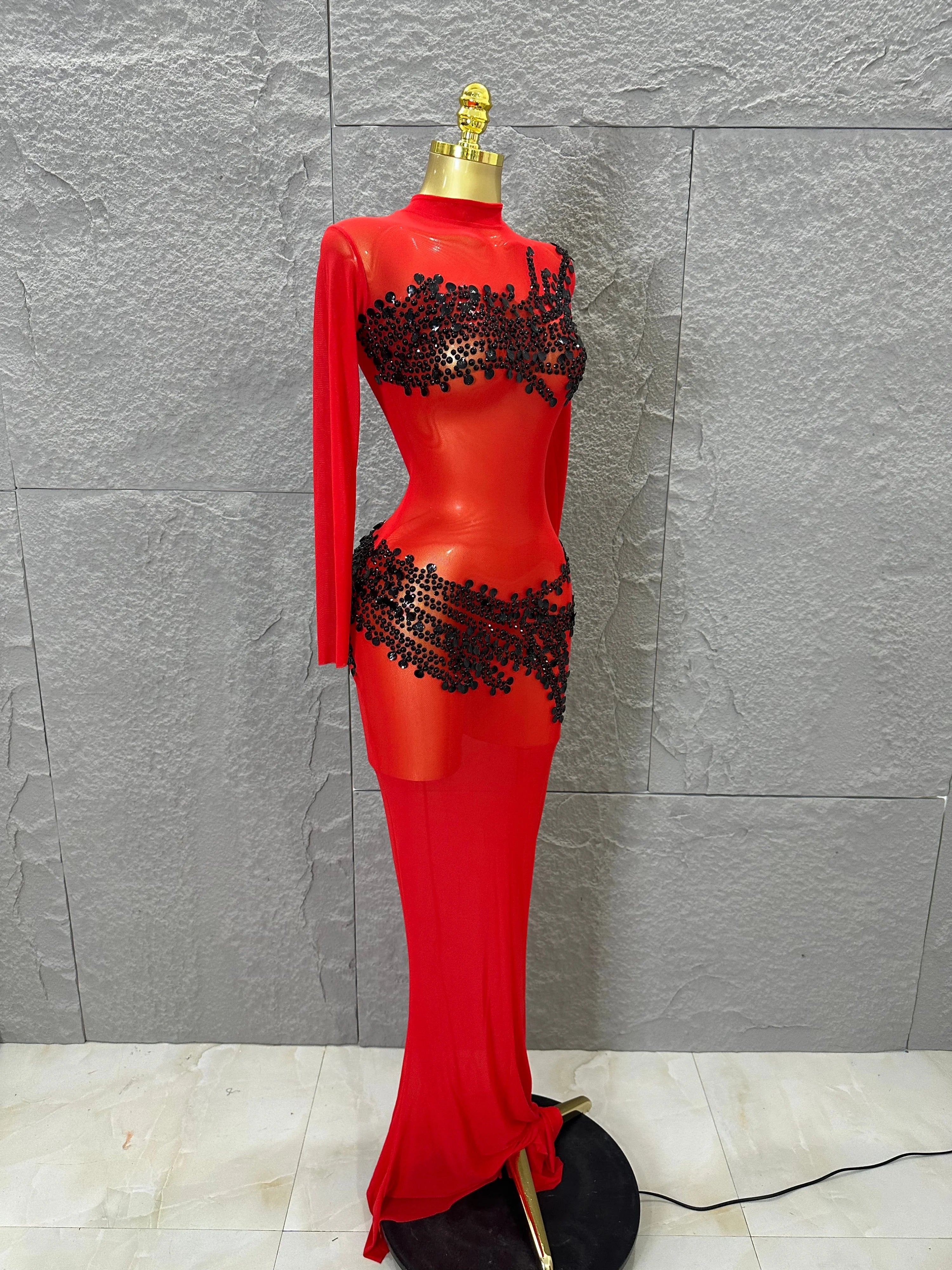 Sexy 2026 Black Sheer Mesh Maxi Dress Women Long Sleeve High Neck Red Rhinestone Embellished Bodycon Stage Costume