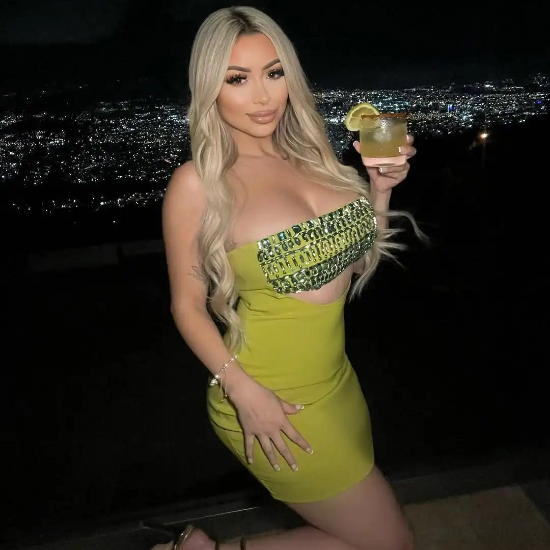 2025 Shining Diamonds Sexy Hollow Strapless Sheath Green Bandage Mini Dress Fashion Woman Party Dress Music Festival Outfit