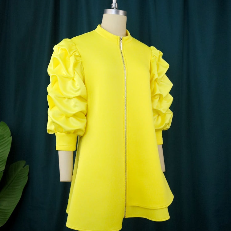 Trendy Fall Winter 2024 Mini Shift Dress Women High Neck Puff Sleeve Zipper Tunic Dress Retro Vintage Party Club Events Wear 4XL