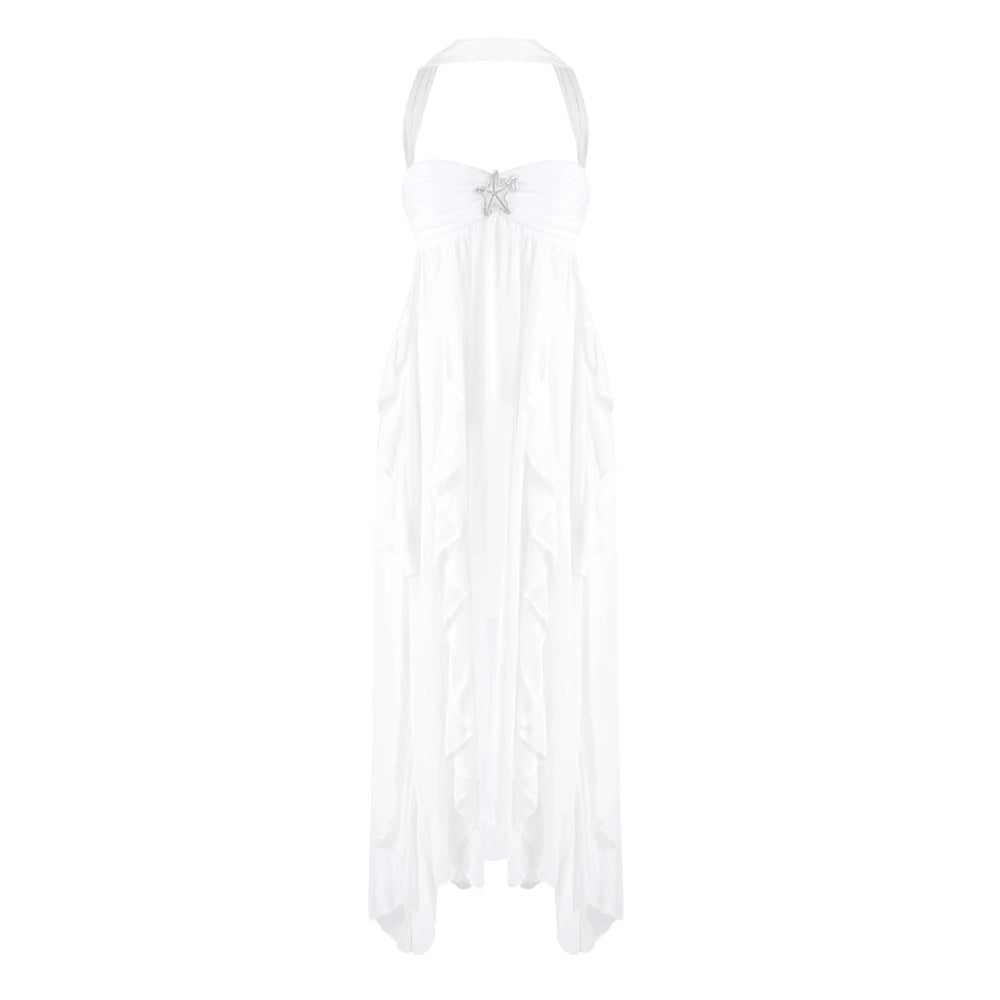Soft Fashion Ruffle Halter Sleeveless Backless High Slit Dress for Wedding Summer Beach Gown WHITE