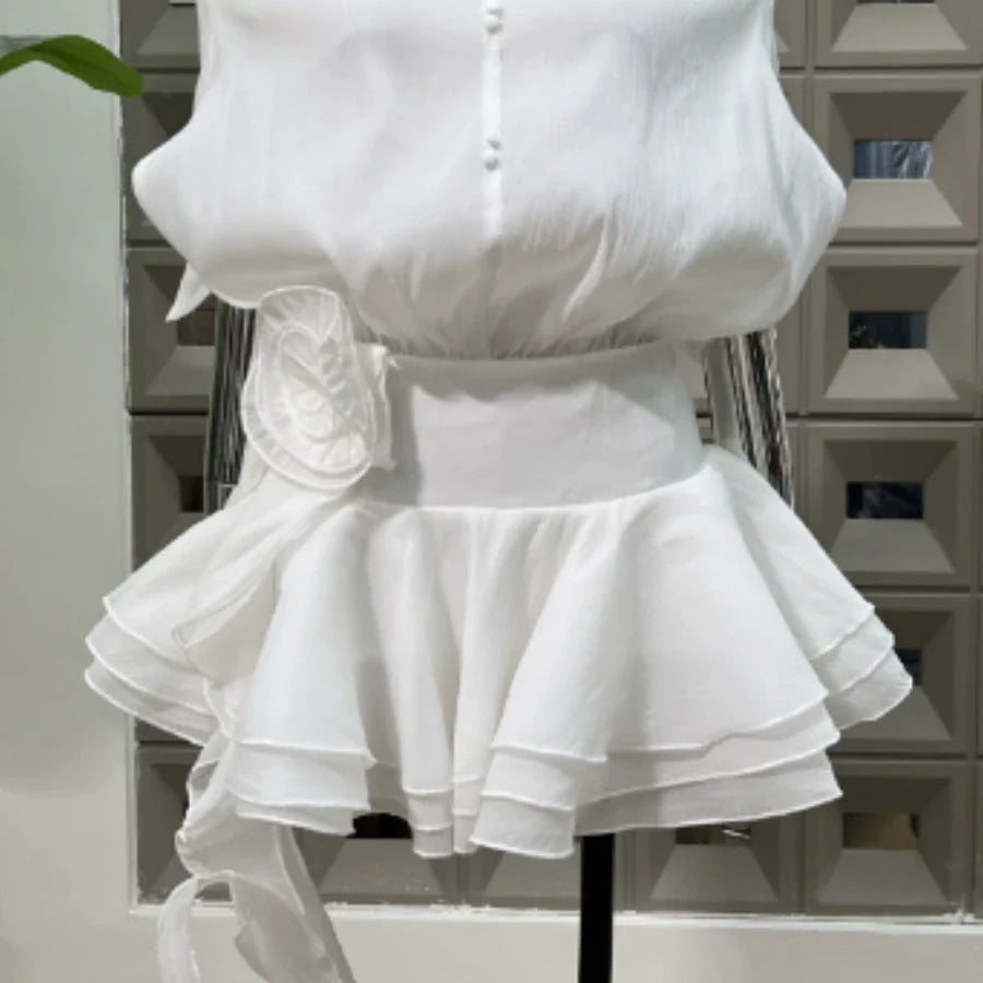 Solid Loose Spliced Ruffles Mini Dresses for Women Slash Neck Sleeveless Patchwork 3D Flower Dress Female Clothing WHITE