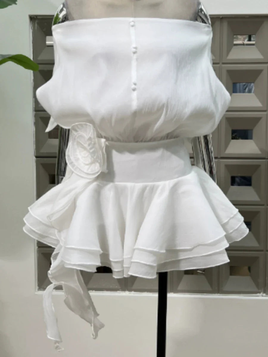 Solid Loose Spliced Ruffles Mini Dresses for Women Slash Neck Sleeveless Patchwork 3D Flower Dress Female Clothing WHITE