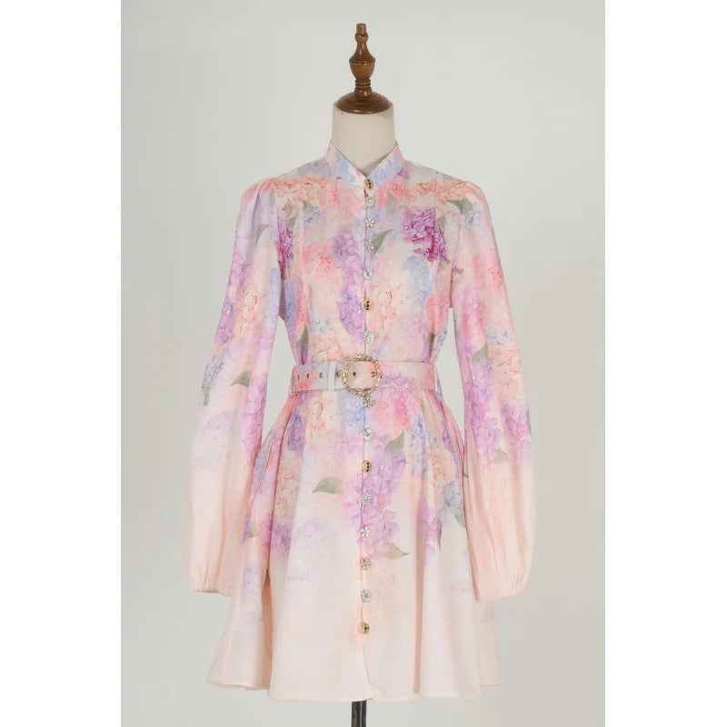 Real Shot In Stock European and American Vacation Style Long Sleeve Printed Short Dress Elegant Socialite Dress