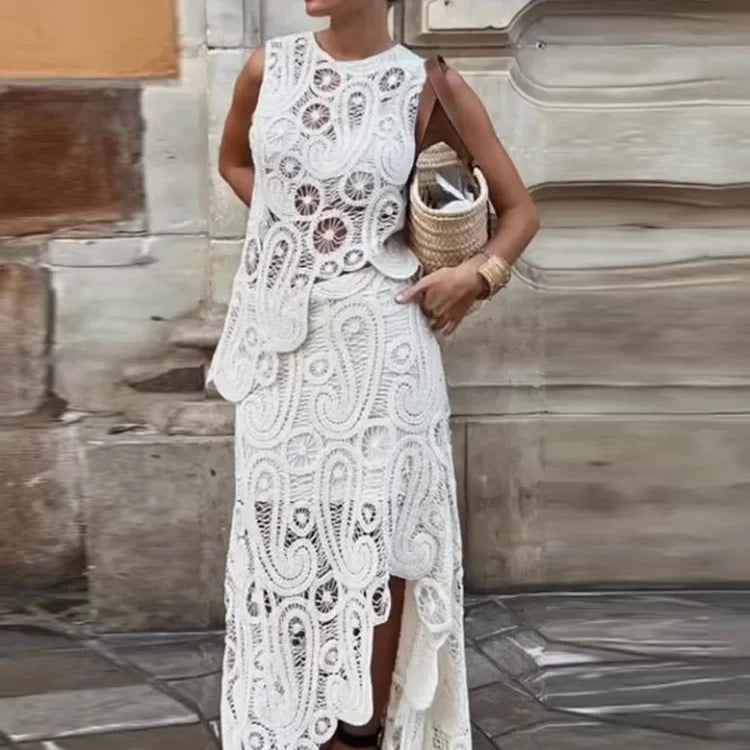 Crochet O Neck Hollow Out Skirt Set Women Chic Hook Flower Sleeveless Top Irregular Skirt Suit Spring Lady Elegant Outfit