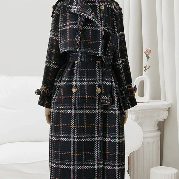 Autumn Winter Long Loose Warm Plaid Wool Blends Trench Coat for Women Raglan Sleeve Belt Double Breasted Woolen Overcoat