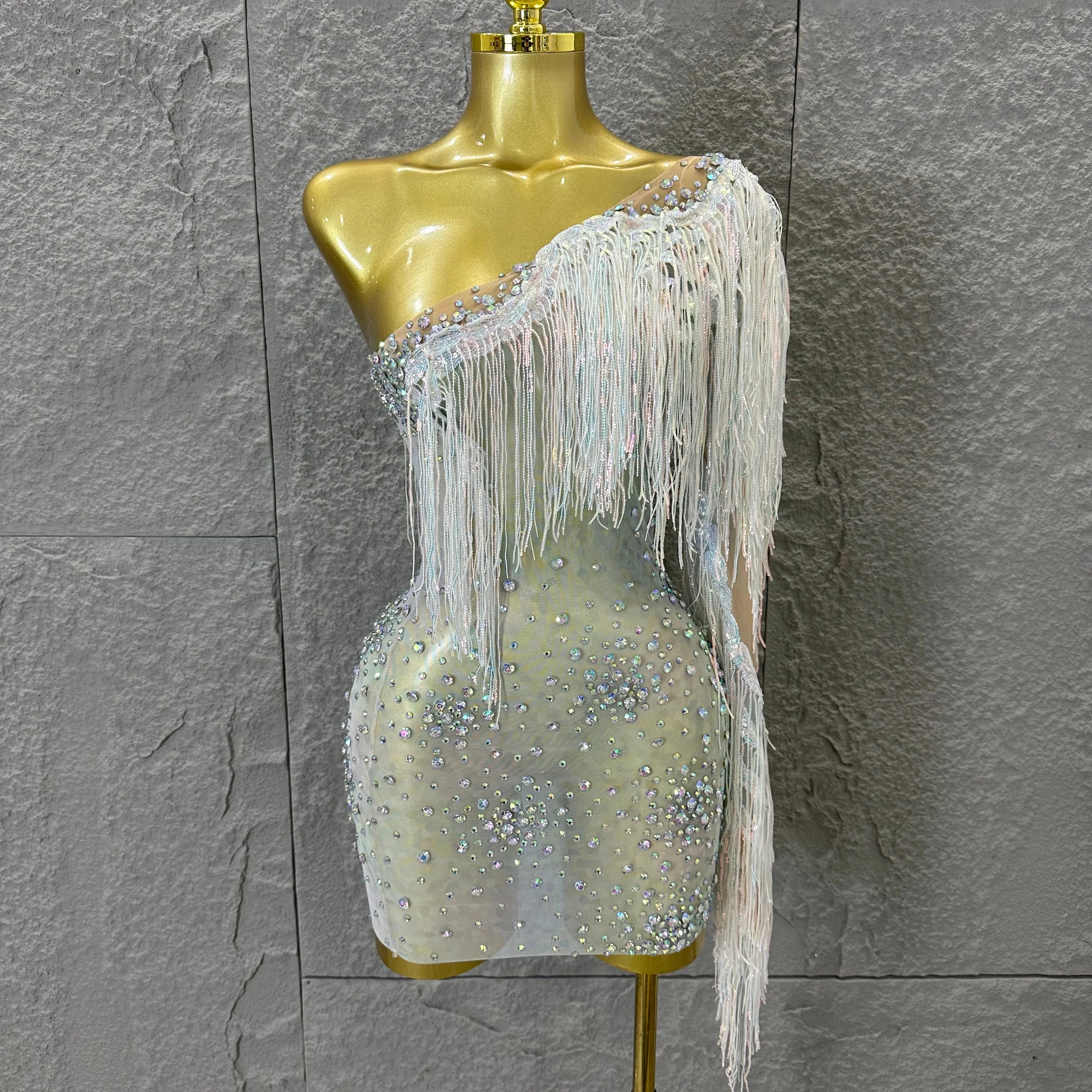 Glamorous Nude Sheer Mesh Dress Women Long Sleeve Flowy Rhinestone Fringe Embellished Nightclub Party Dance Performance Outfit WHITE
