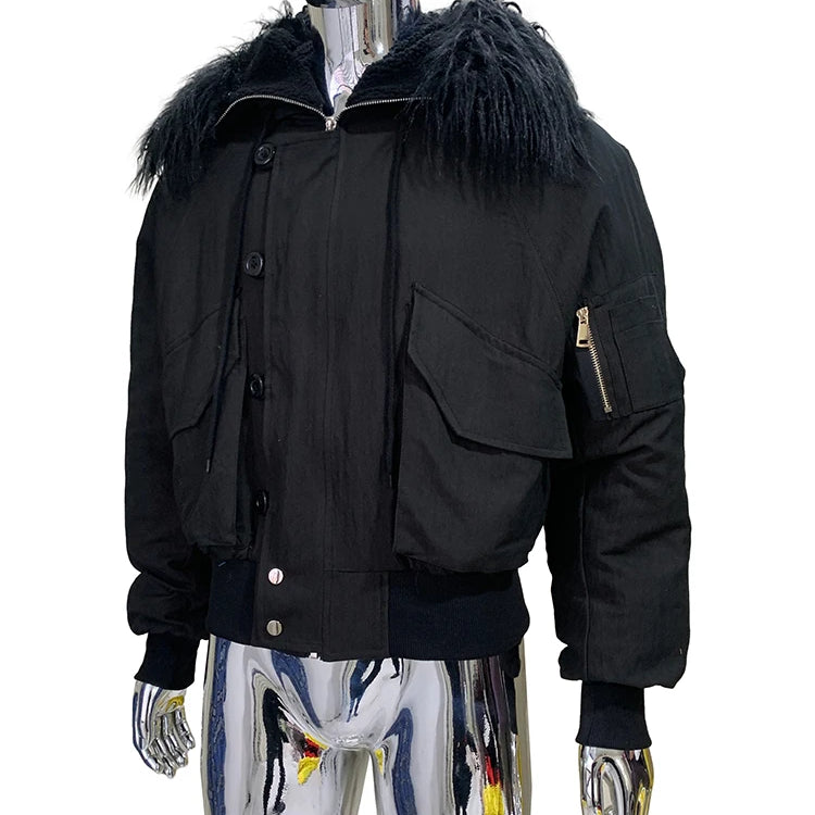 Lautaro Autumn Winter Thickened Warm Short Black Jacket Men with Faux Fur Trim Hood Zip Up Loose Casual Luxury Designer Clothes