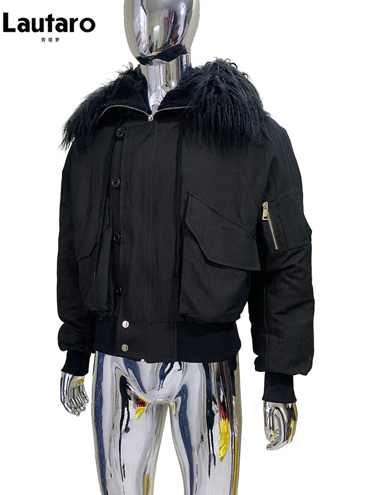 Lautaro Autumn Winter Thickened Warm Short Black Jacket Men with Faux Fur Trim Hood Zip Up Loose Casual Luxury Designer Clothes
