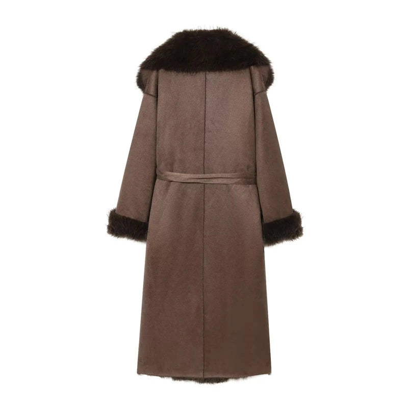 Chic Brown Long Coat for Women - Faux Fur Collar & Cuffs Belted Trench Coat for Cold Weather