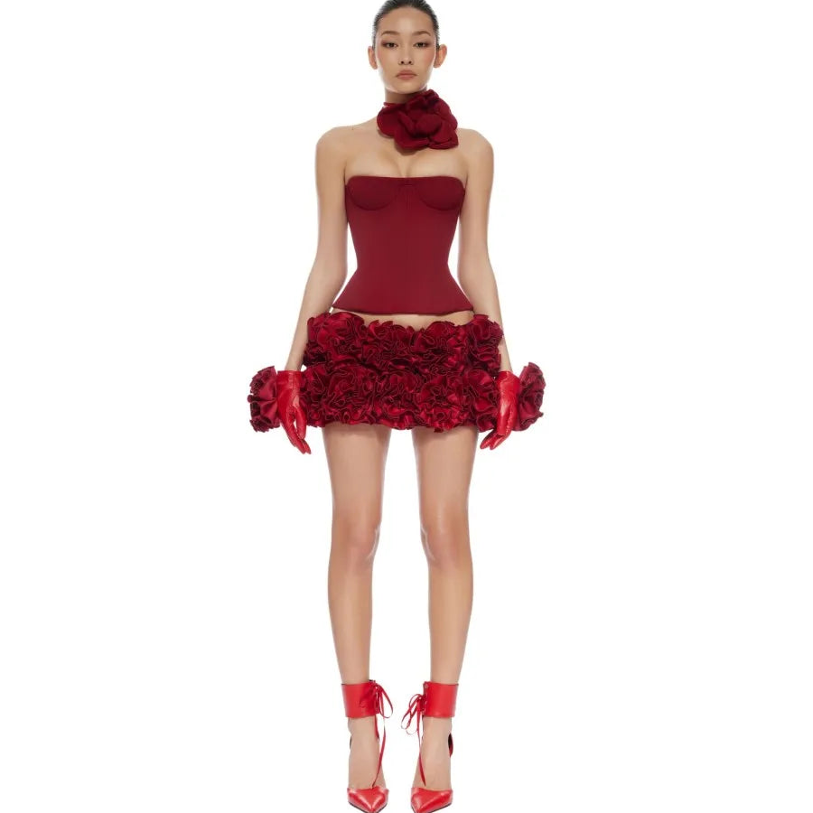 Women Sexy Strapless Laced up Bodycon Mini Tops 2 Pieces Florals Ball Gown Bandage Dress Christmas Celebrate Nightclub Wear Red