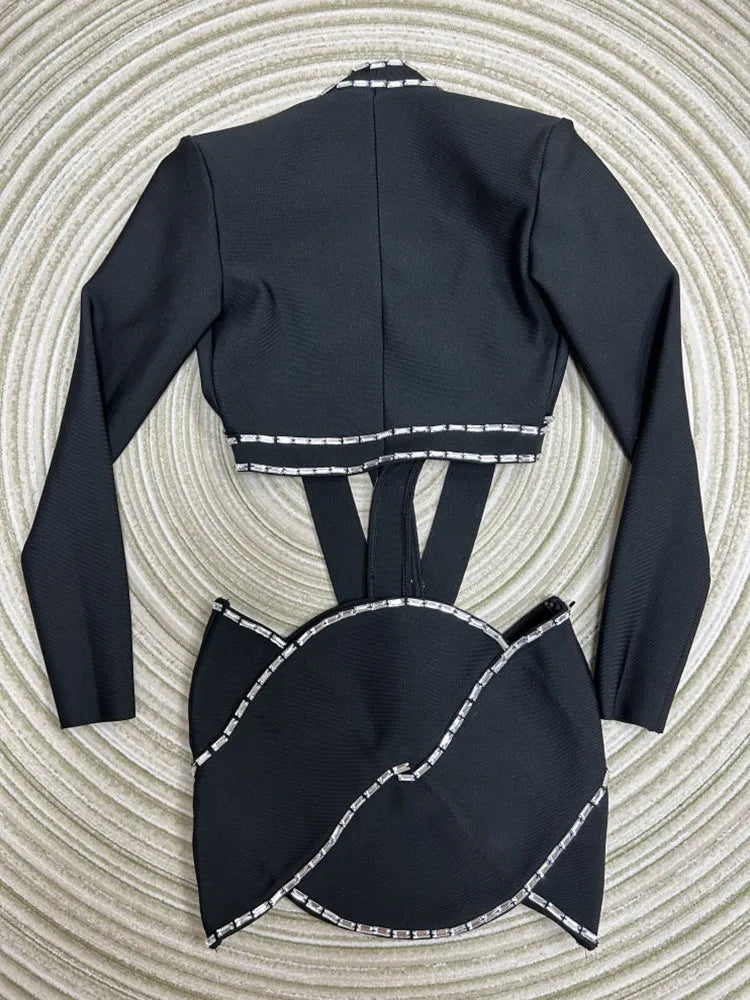 2023 Women Long Sleeve Sexy Tops Bodycon Skirt Mini Set Rayon Bandage Fashion High Street Women's Set