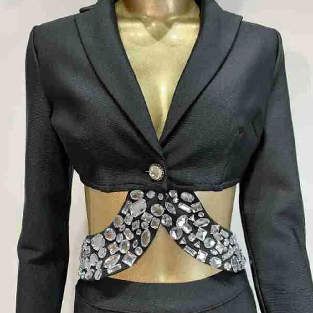 2024 Women Bandage Long Pants Set With Lapel Long Sleeved Nail Bead Design Backless Sexy Ultra Short Jacket+Pants Two-Piece Set