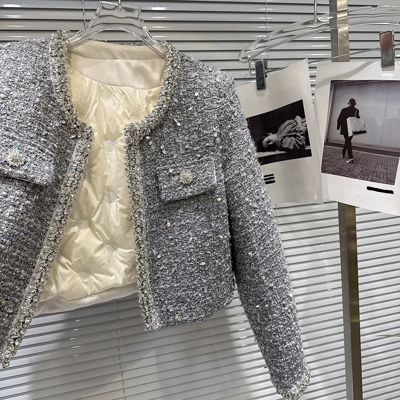 Winter New Fashion Rhinestone Beaded Sequin Tweed Cotton Jacket For Women Elegant Covered Button Short Coat 11A07561