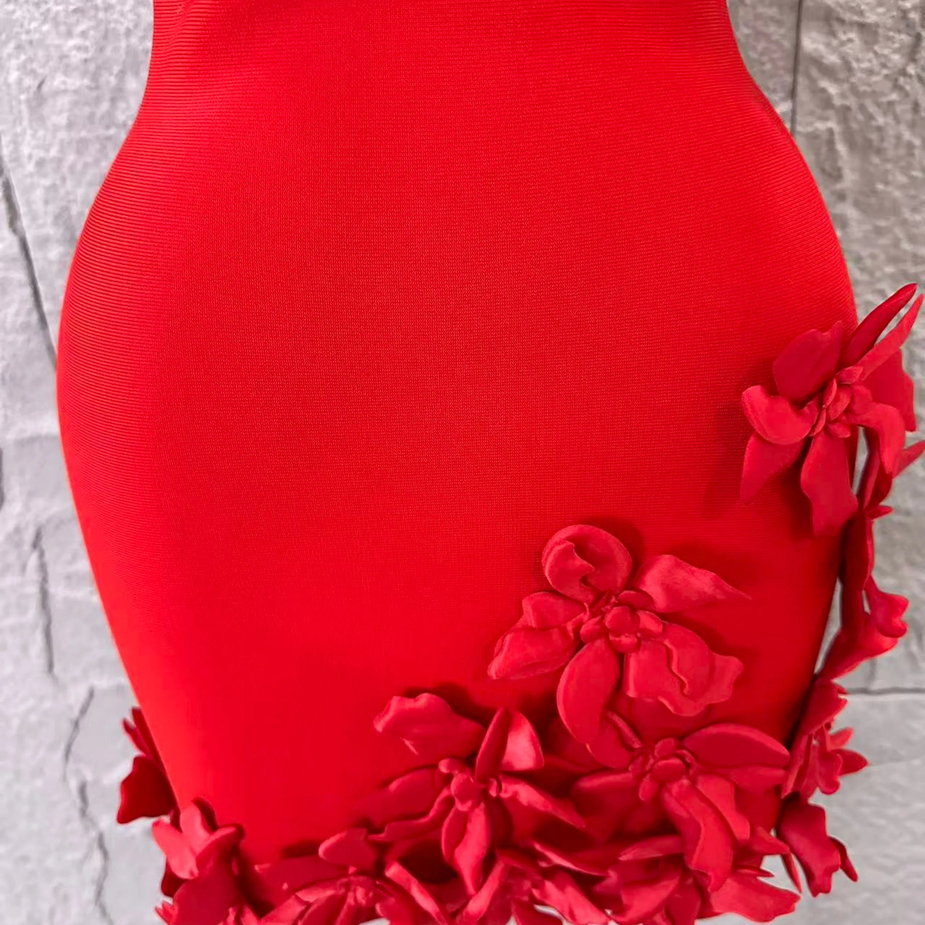 Sexy Deep V Red 3D Flower Applique Dress Slim Fit Bodycon Bandage Night Out Wedding Guest Club Cocktail Evening Party Outfit