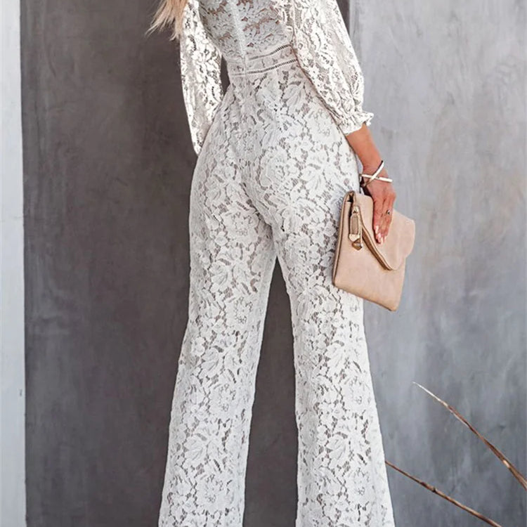 CHRONSTYLE Elegant Women Lace Wide Leg Pants Jumpsuits Solid Color Long Sleeve High Waist V Neck Floral Rompers Streetwear 2023