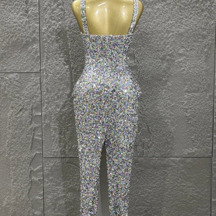 Colorful Sequins Women Sexy Strapless Bodycon Long Dress Necklace Celebrate Evening Party Nightclub Party Bar Singer Outfit