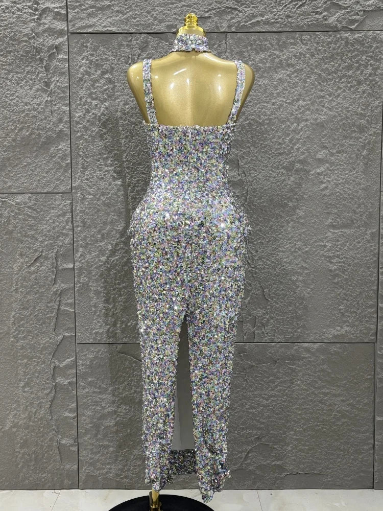 Colorful Sequins Women Sexy Strapless Bodycon Long Dress Necklace Celebrate Evening Party Nightclub Party Bar Singer Outfit