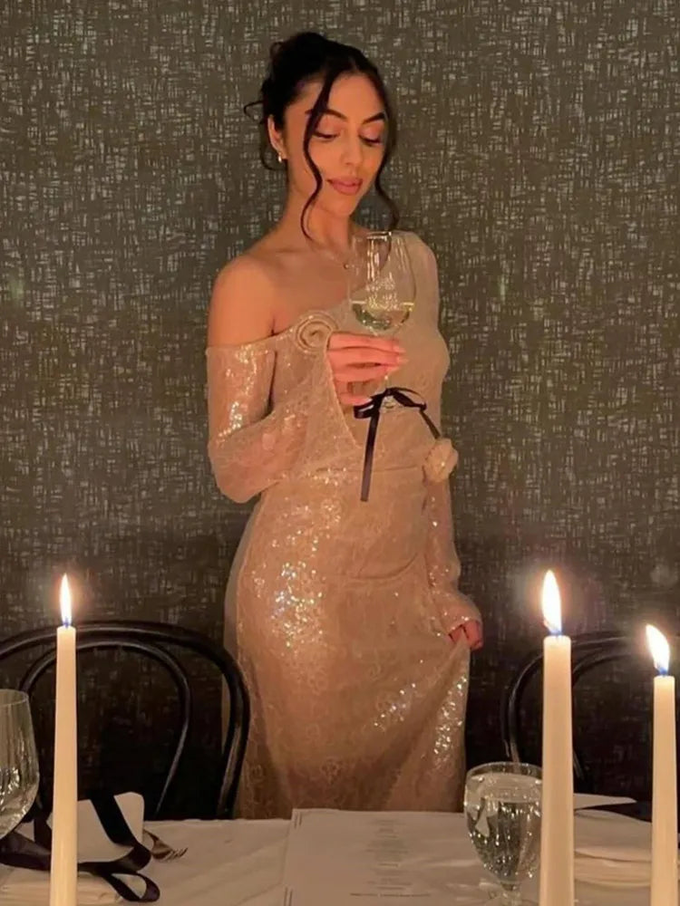 Chic Luxury Women Celebrity Sexy One Shoulder Beige Mesh Sequins Maxi Long Gowns Dress 2025 Elegant Evening Party Club Vestido